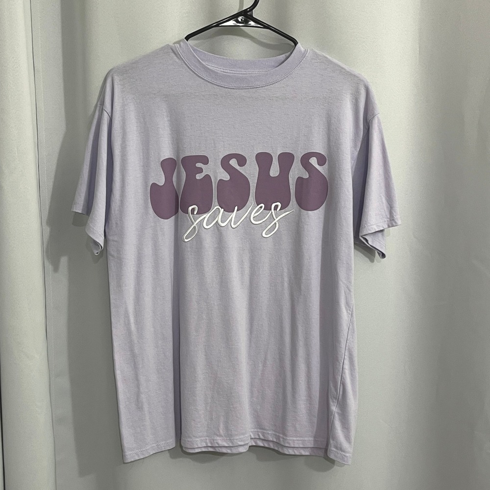 Freeze Jesus Saves T-Shirt Womens Medium Purple Graphic Faith Tee Sunday Church